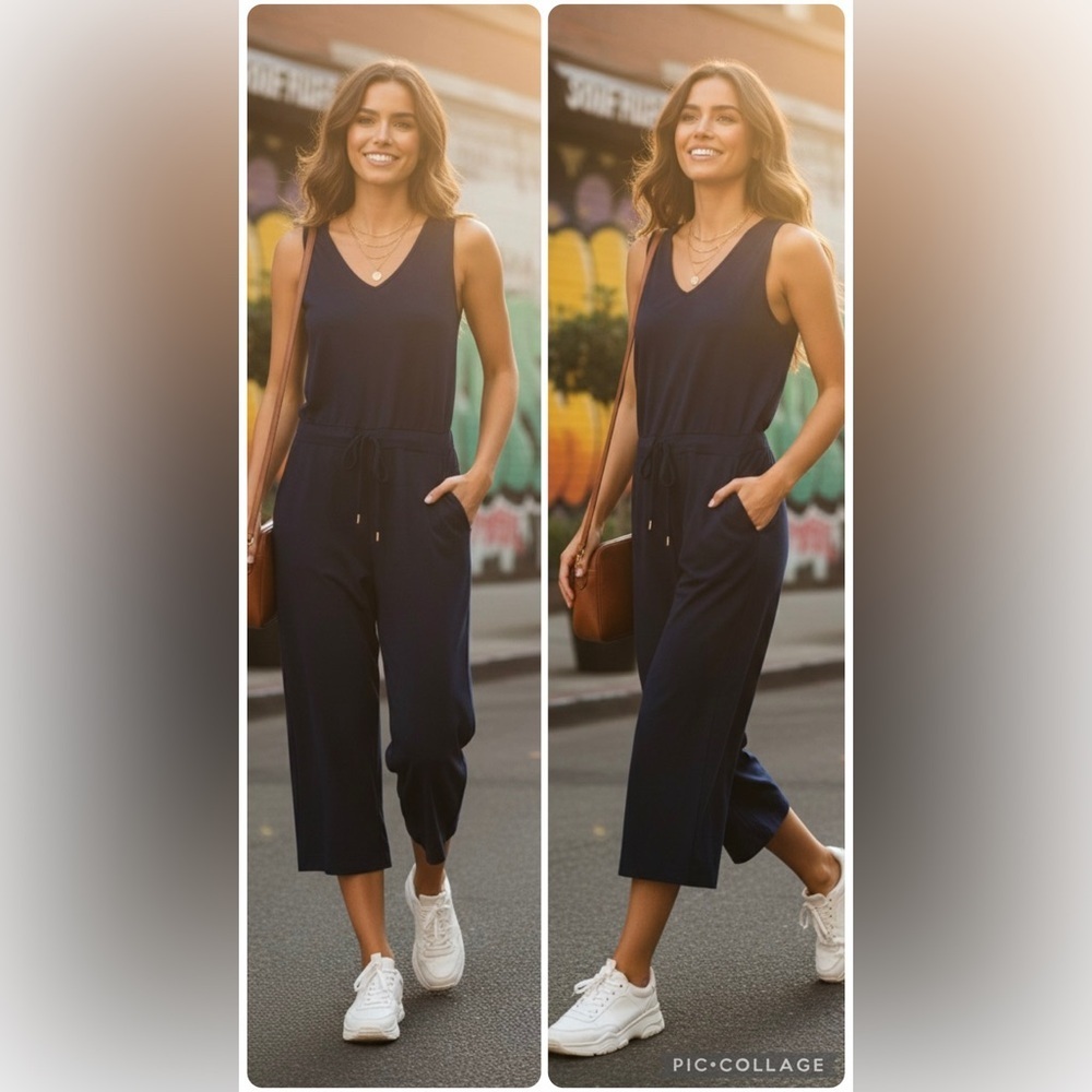 Quince Navy Sleeveless V-Neck Jumpsuit